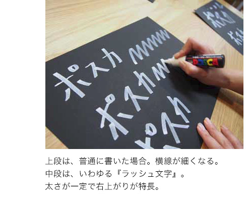 上段は、普通に書いた場合。横線が細くなる。中段は、いわゆる『ラッシュ文字』。太さが一定で右上がりが特長。