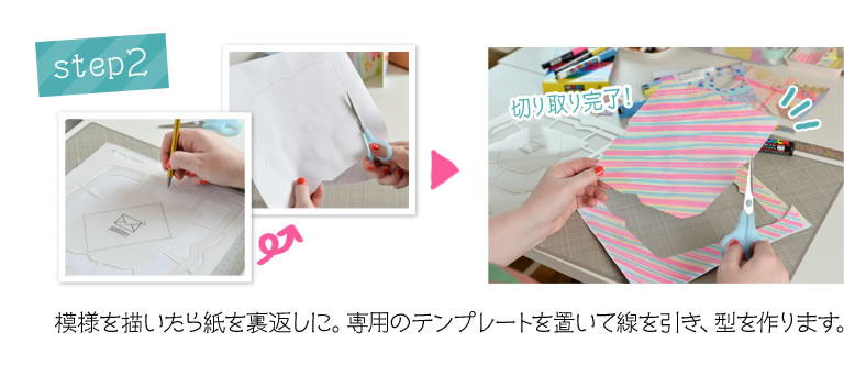 step2 模様を描いたら紙を裏返しに。専用のテンプレートを置いて線を引き、型を作ります。