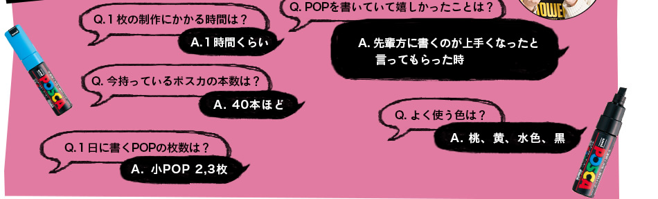 Q.１枚の制作にかかる時間は？A.１時間くらい　Q. POPを書いていて嬉しかったことは？A. 先輩方に書くのが上手くなったと言ってもらった時　Q. 今持ってるポスカの本数は？A. 40本ほど　Q. よく使う色は？A. 桃、黄、水色、黒　Q. １日に書くPOPの枚数は？ A. 小POP 2,3枚