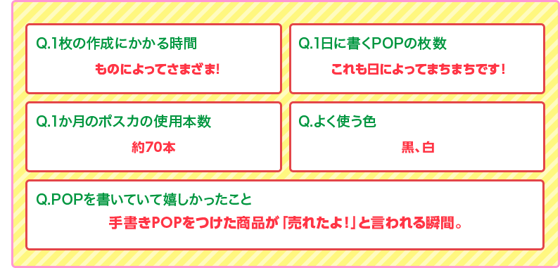 Q.１枚の作成にかかる時間 ものによってさまざま! Q.１日に書くPOPの枚数 これも日によってまちまちです！ Q.１か月のポスカの使用本数 ○○○○本 Q.よく使う色 黒、白 Q.POPを書いていて嬉しかったこと 手書きPOPをつけた商品が「売れたよ！」と言われる瞬間。