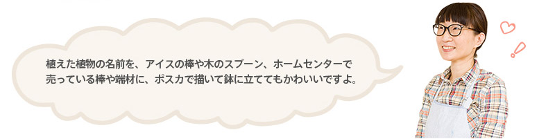 植えた植物の名前を、アイスの棒や木のスプーン、ホームセンターで売っている棒や端材に、ポスカで描いて鉢に立ててもかわいいですよ。