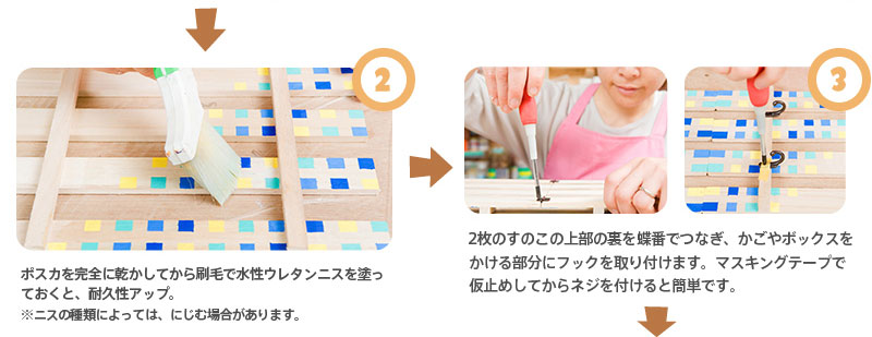 （２）ポスカを完全に乾かしてから刷毛で水性ウレタンニスを塗っておくと、耐久性アップ。 ※ニスの種類によっては、にじむ場合があります。　（３）2枚のすのこの上部の裏を蝶番でつなぎ、かごやボックスをかける部分にフックを取り付けます。マスキングテープで仮止めしてからネジを付けると簡単です。