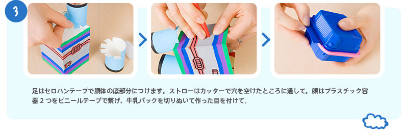 （３）足はセロハンテープで胴体の底部分につけます。ストローはカッターで穴を空けたところに通して。顔はプラスチック容器2つをビニールテープで繋げ、牛乳パックを切りぬいて作った目を付けて。