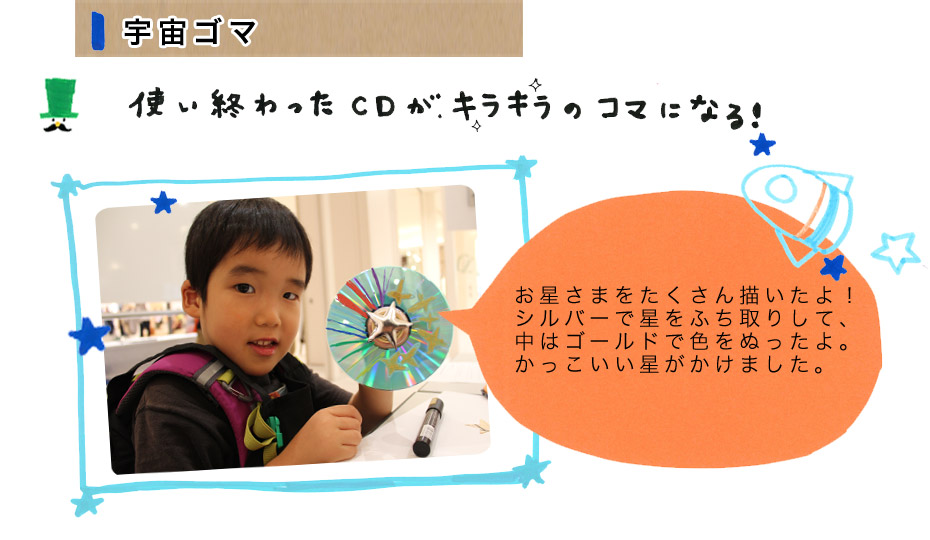 宇宙ゴマ：使い終わったCDがキラキラのコマになる！　お星さまをたくさん描いたよ！シルバーで星をふち取りして、中はゴールドで色をぬったよ。かっこいい星がかけました。